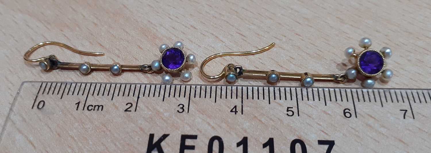 A Pair of Early 20th Century Amethyst and Seed Pearl Drop Earrings the round cut amethyst in a - Image 4 of 4