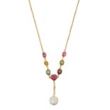A Multi-Gem Set Necklace oval and cushion cut garnet, spinel and yellow stones, suspend a round