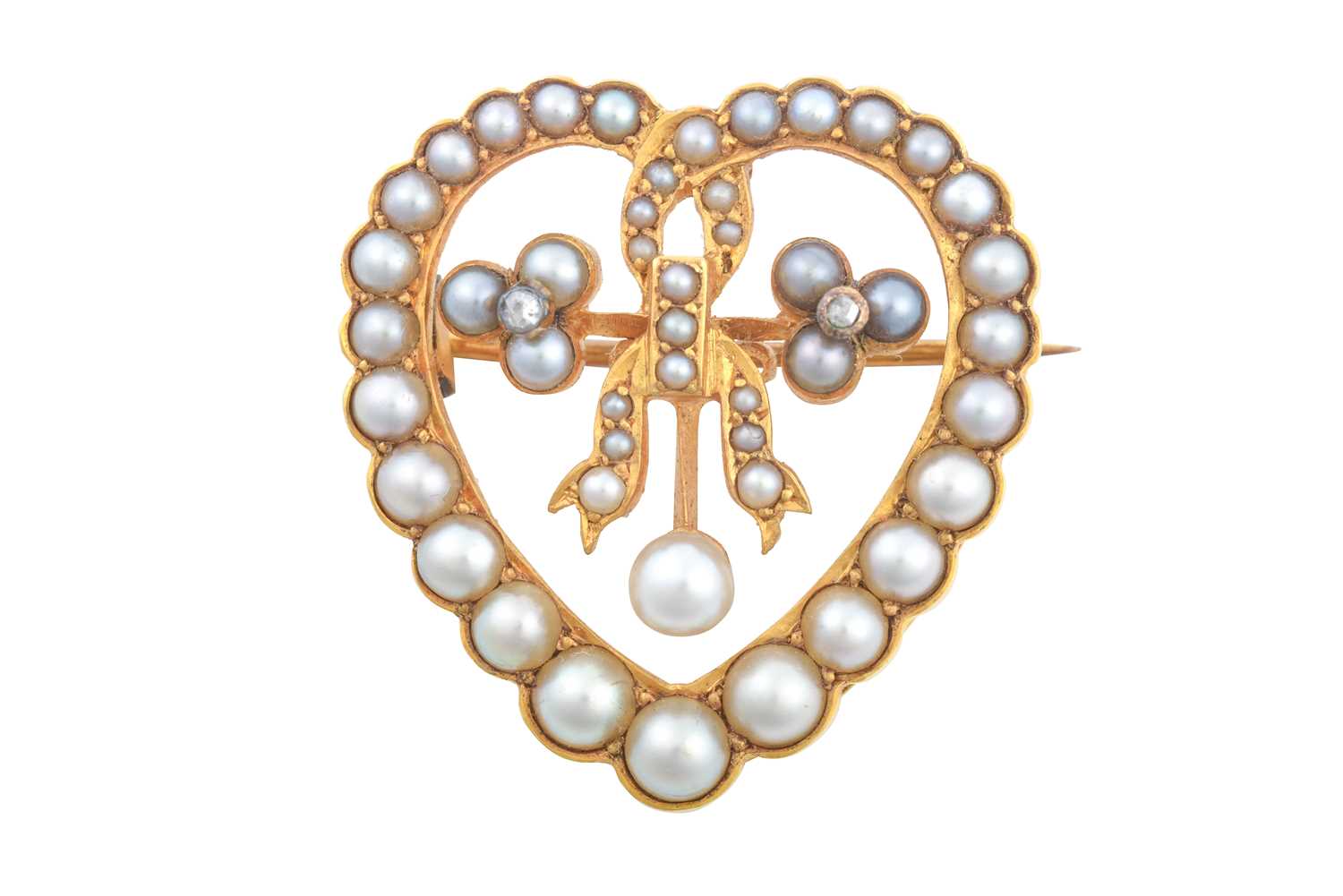 A Victorian Split Pearl and Diamond Brooch the openwork heart set throughout with graduated split