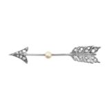 A Diamond and Pearl Arrow Brooch, circa 1900 the point and feathers set throughout with rose cut