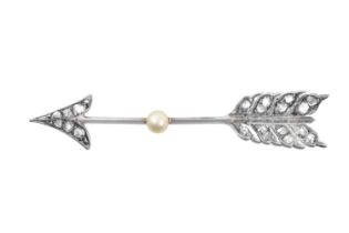 A Diamond and Pearl Arrow Brooch, circa 1900 the point and feathers set throughout with rose cut