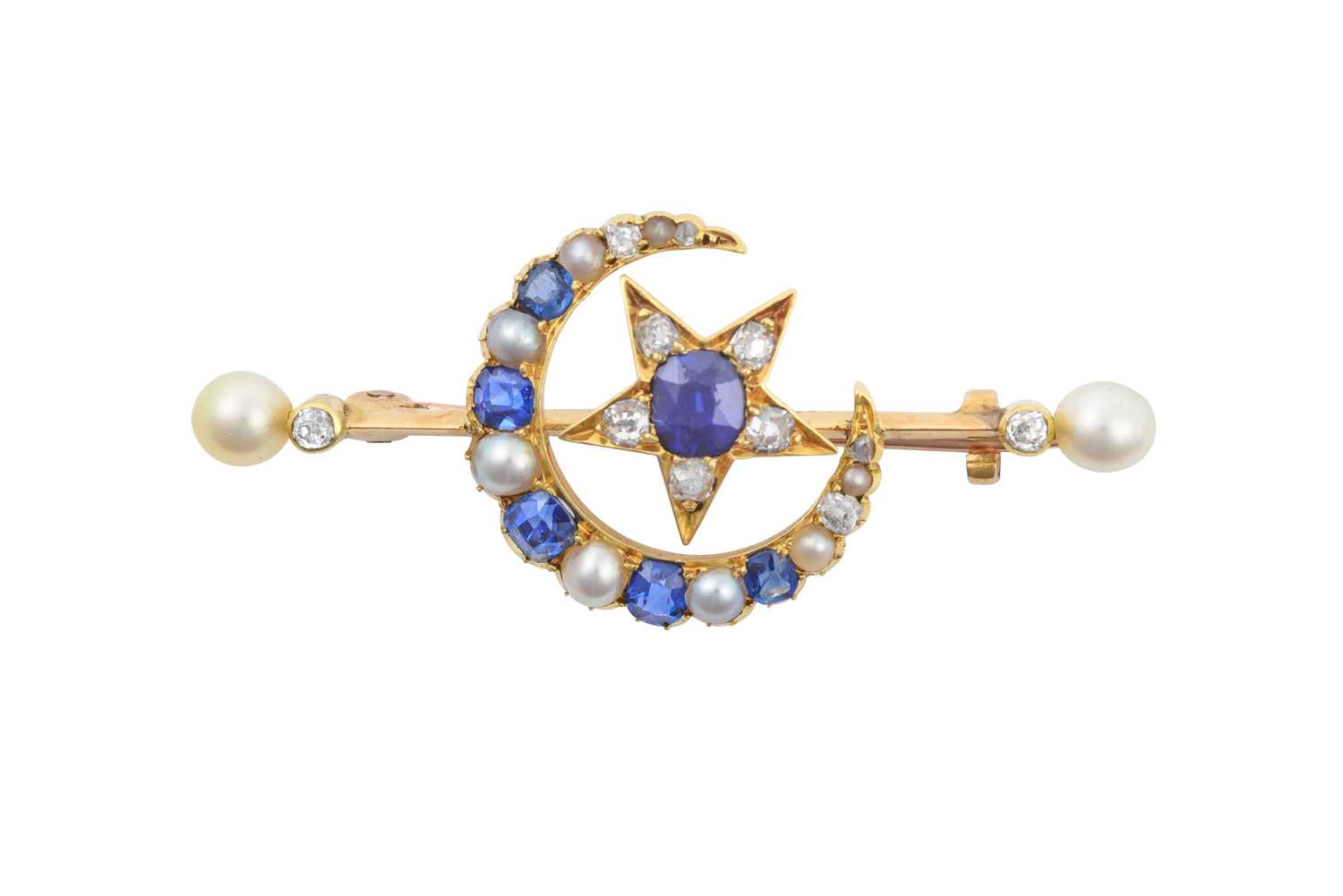 A Victorian Sapphire, Diamond and Pearl Star and Crescent Brooch the crescent comprised of graduated