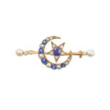 A Victorian Sapphire, Diamond and Pearl Star and Crescent Brooch the crescent comprised of graduated