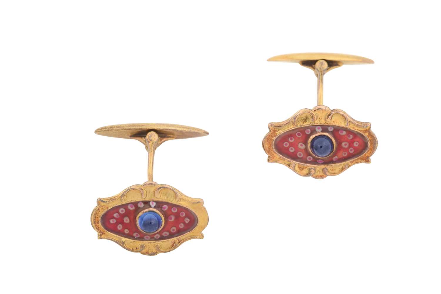 A Pair of Russian Sapphire and Enamel Cufflinks the pink oval enamel plaque with a round cabochon