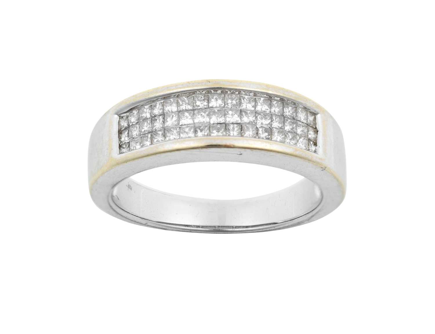 An 18 Carat White Gold Diamond Half Hoop Ring, by Iliana three rows of princess cut diamonds in a