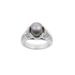 A Grey Cultured Pearl and Diamond Ring the grey cultured pearl in a fluted shoulder mount, pavé