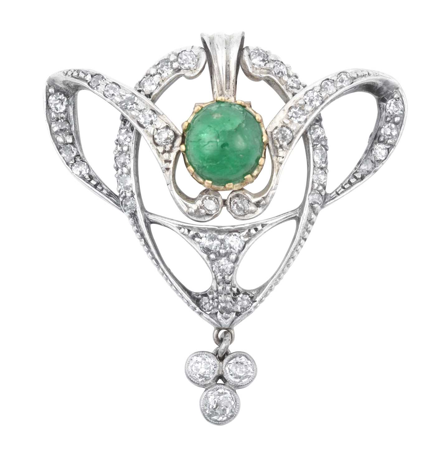 An Emerald and Diamond Pendant of openwork scroll form, set throughout with old cut diamonds,