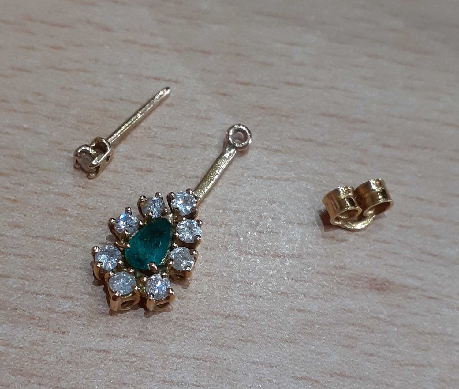 A Pair of 18 Carat Gold Emerald and Diamond Drop Earrings the pear cut emerald within a border of - Image 4 of 4