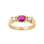 A Synthetic Ruby and Diamond Three Stone Ring the oval cut synthetic ruby in a yellow elongated claw