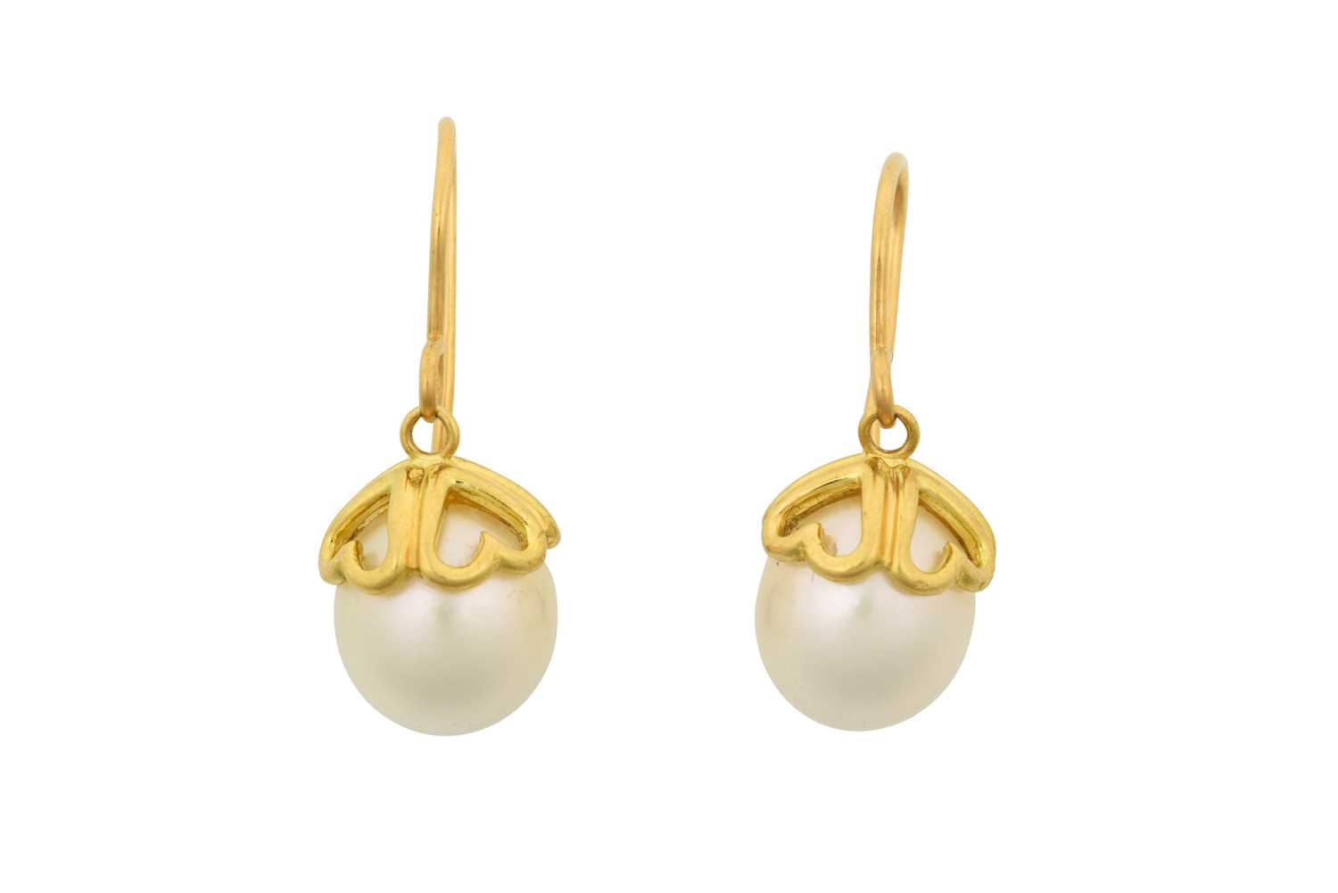 A Pair of 18 Carat Gold Cultured Pearl Drop Earrings, by Tiffany & Co. the cultured pearls within