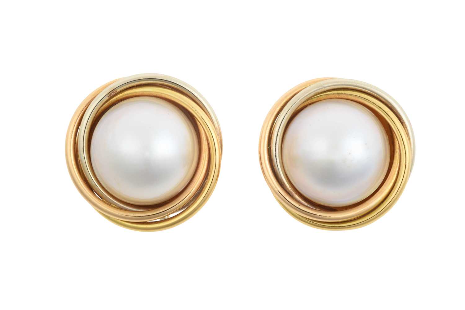 A Pair of 18 Carat Gold Mabe Pearl Earrings the mabe pearls in yellow swirl borders, with post and