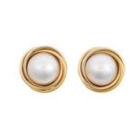 A Pair of 18 Carat Gold Mabe Pearl Earrings the mabe pearls in yellow swirl borders, with post and