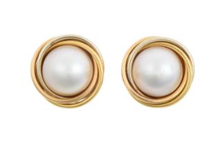 A Pair of 18 Carat Gold Mabe Pearl Earrings the mabe pearls in yellow swirl borders, with post and