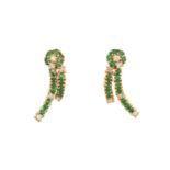 A Pair of Emerald and Diamond Drop Earrings a cluster suspends two tassel drops, set throughout with