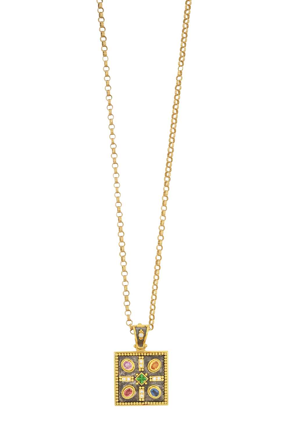 A Multi-Colour Sapphire and Diamond Pendant on Chain the white textured square plaque with a