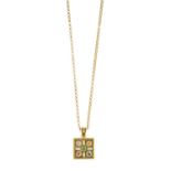 A Multi-Colour Sapphire and Diamond Pendant on Chain the white textured square plaque with a
