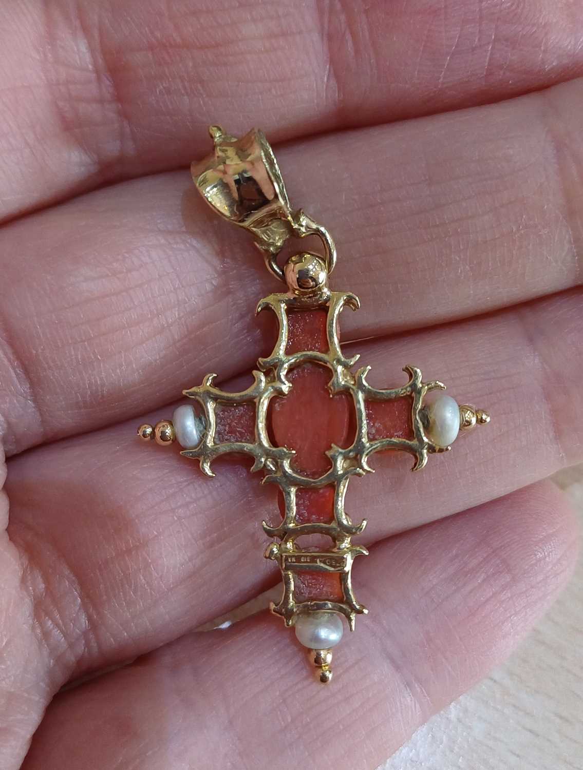 A Coral and Seed Pearl Pendant and A Coral, Split Pearl and Enamel Ring the cross pendant formed - Image 2 of 6