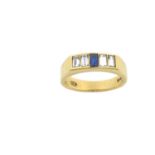 An 18 Carat Gold Sapphire and Diamond Five Stone Ring the central baguette cut sapphire flanked by