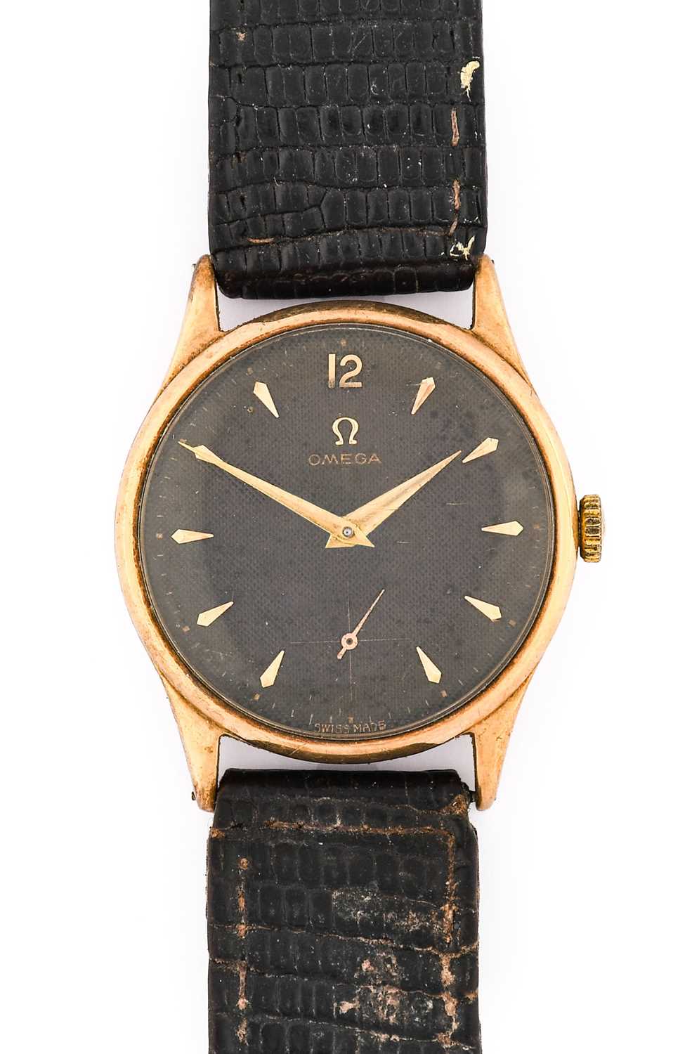 Omega: A 9 Carat Gold Hobnail Finished Black Dial Wristwatch, signed Omega, 1954, (calibre 266)