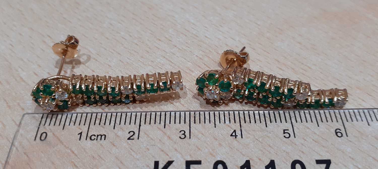 A Pair of Emerald and Diamond Drop Earrings a cluster suspends two tassel drops, set throughout with - Image 3 of 4