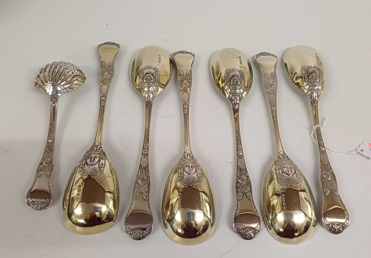 A Cased Set of Six Victorian Parcel-Gilt Silver Berry-Spoons and a Sifting Spoon, by Henry John Lia - Image 8 of 10