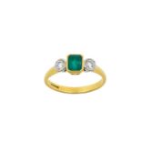An 18 Carat Gold Emerald and Diamond Three Stone Ring the emerald-cut emerald in a yellow rubbed
