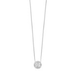 A Diamond Cluster Pendant on Chain the central princess cut diamond within a border of baguette