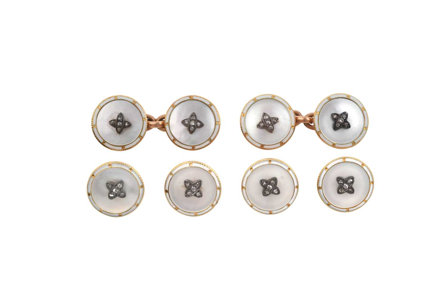 An Early 20th Century Mother-of-Pearl, Diamond and Enamel Button and Cufflink Suite comprising of