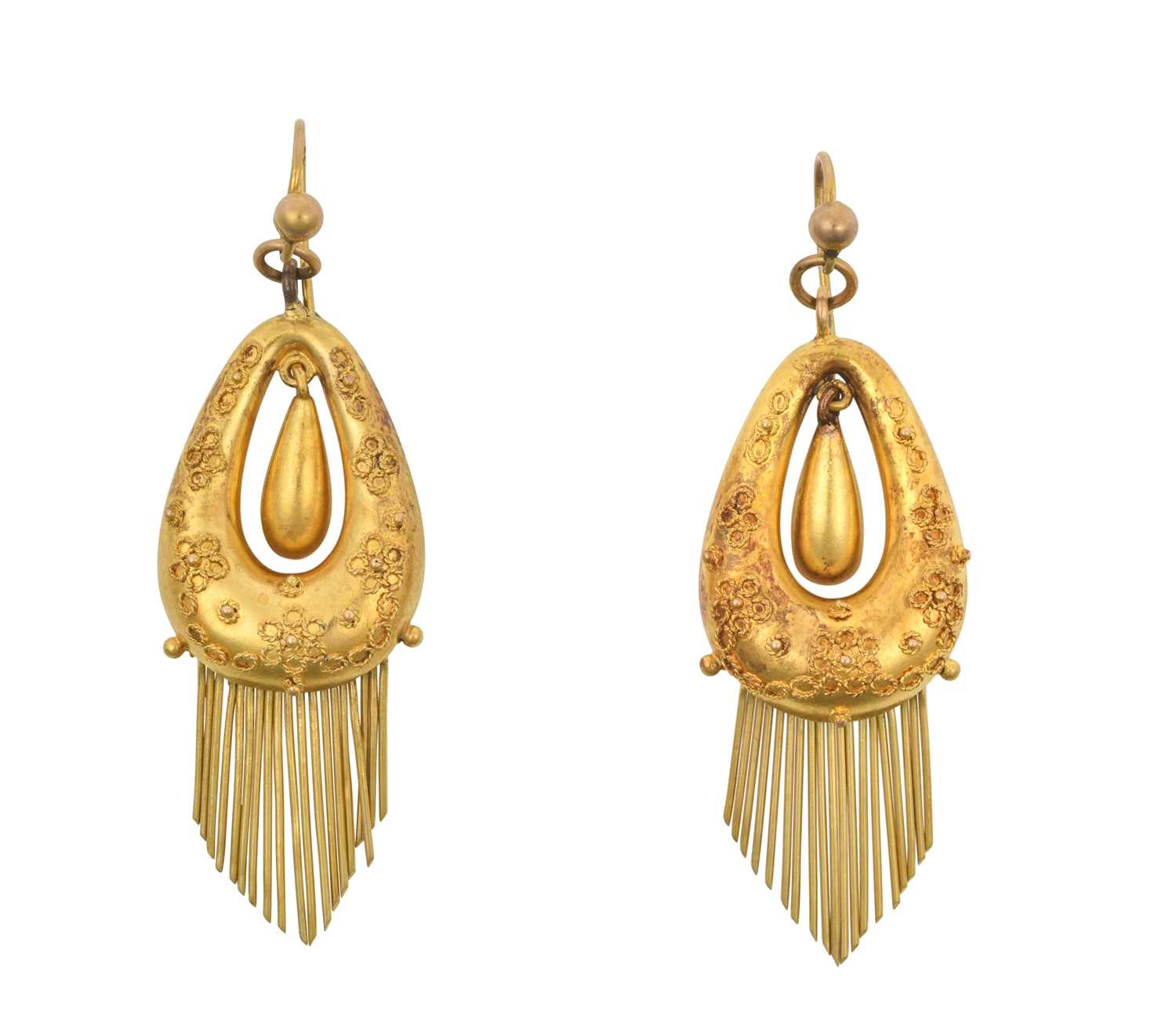 A Pair of Victorian Drop Earrings of pear shaped openwork form, with fringe and cannetille