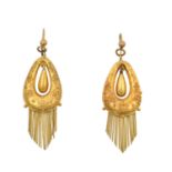 A Pair of Victorian Drop Earrings of pear shaped openwork form, with fringe and cannetille