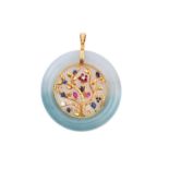 A Ruby, Sapphire, Diamond and Jade Pendant the circular jade frame with a yellow foliate scene