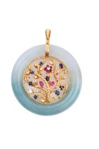 A Ruby, Sapphire, Diamond and Jade Pendant the circular jade frame with a yellow foliate scene