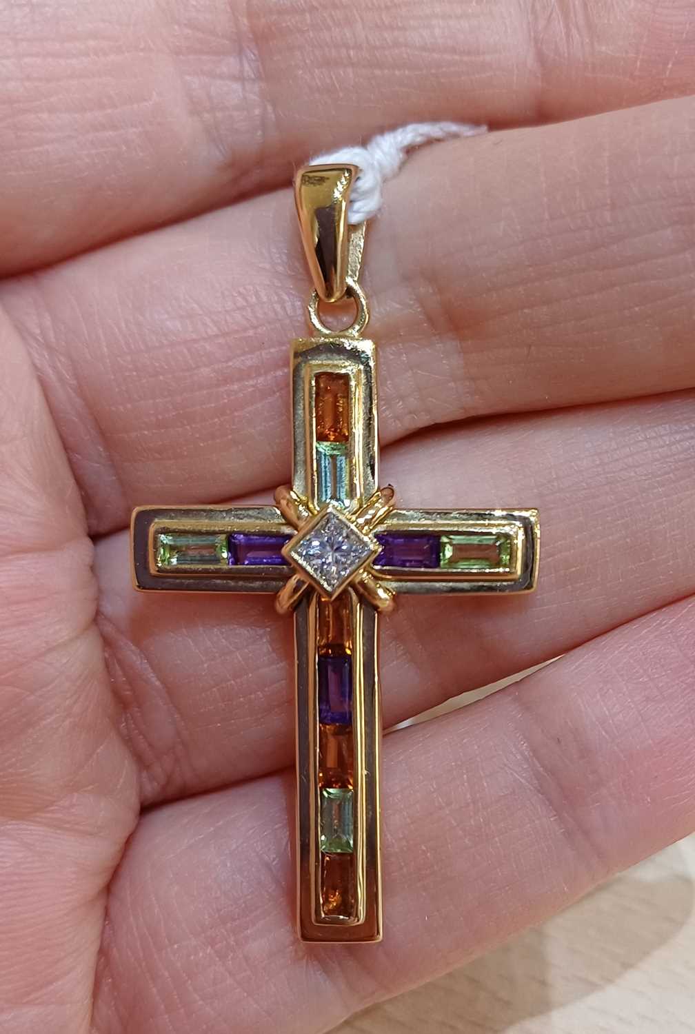A Multi-Gem Set Cross Pendant, by Catherine Best the cross motif set throughout with baguette cut - Image 4 of 4