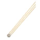 A Triple Row Cultured Pearl Necklace, with A Diamond and Cultured Pearl Cluster Clasp the 53:54:57