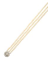 A Triple Row Cultured Pearl Necklace, with A Diamond and Cultured Pearl Cluster Clasp the 53:54:57