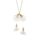 A Rock Crystal and Diamond Pendant and Earring Suite realistically modelled as flowers, the carved