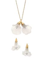 A Rock Crystal and Diamond Pendant and Earring Suite realistically modelled as flowers, the carved