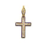 An Enamel and Diamond Cross Pendant the old cut diamonds in yellow claw settings, within a border of