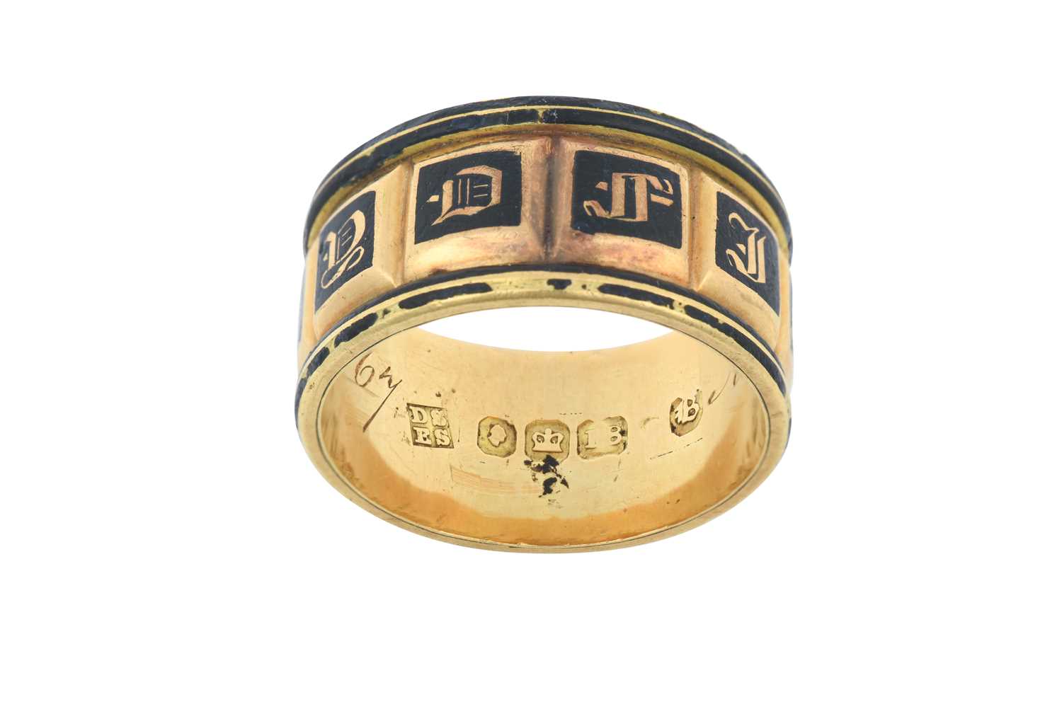 An 18 Carat Gold Enamel Mourning Ring the yellow broad band enamelled in black to read IN MEMORY OF,