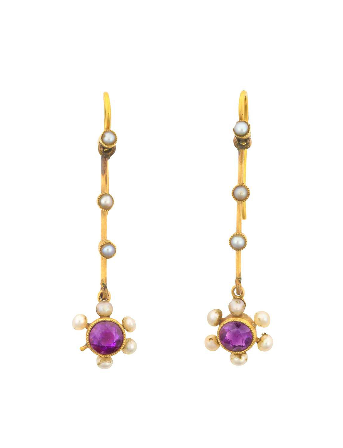 A Pair of Early 20th Century Amethyst and Seed Pearl Drop Earrings the round cut amethyst in a