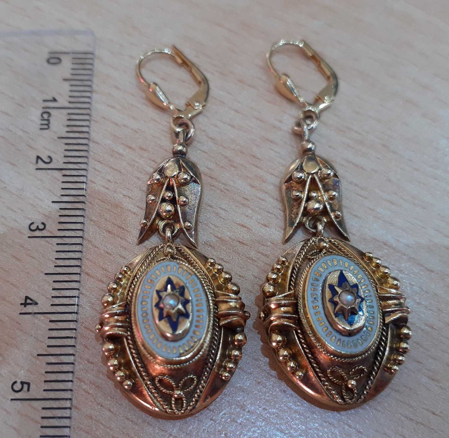 A Victorian Enamel and Split Pearl Brooch and Matching Drop Earrings the central split pearl in a - Image 5 of 6