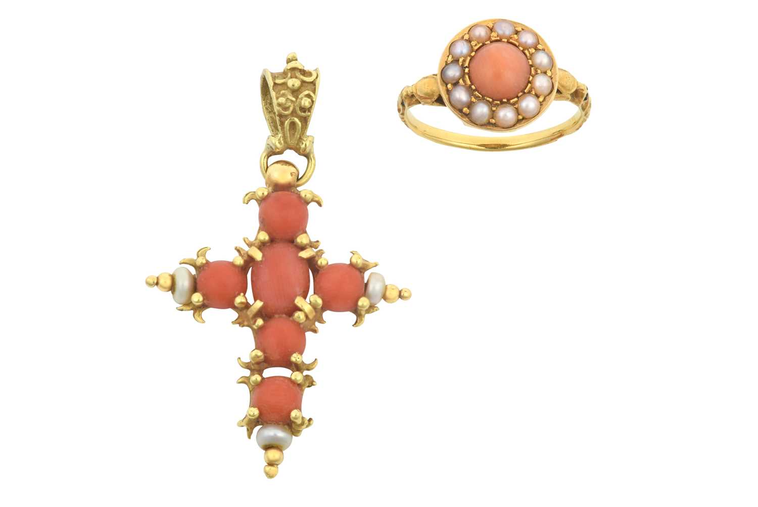 A Coral and Seed Pearl Pendant and A Coral, Split Pearl and Enamel Ring the cross pendant formed