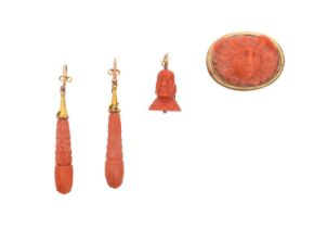 A Small Quantity of Coral Jewellery comprising of a carved coral oval brooch, in a yellow frame; a