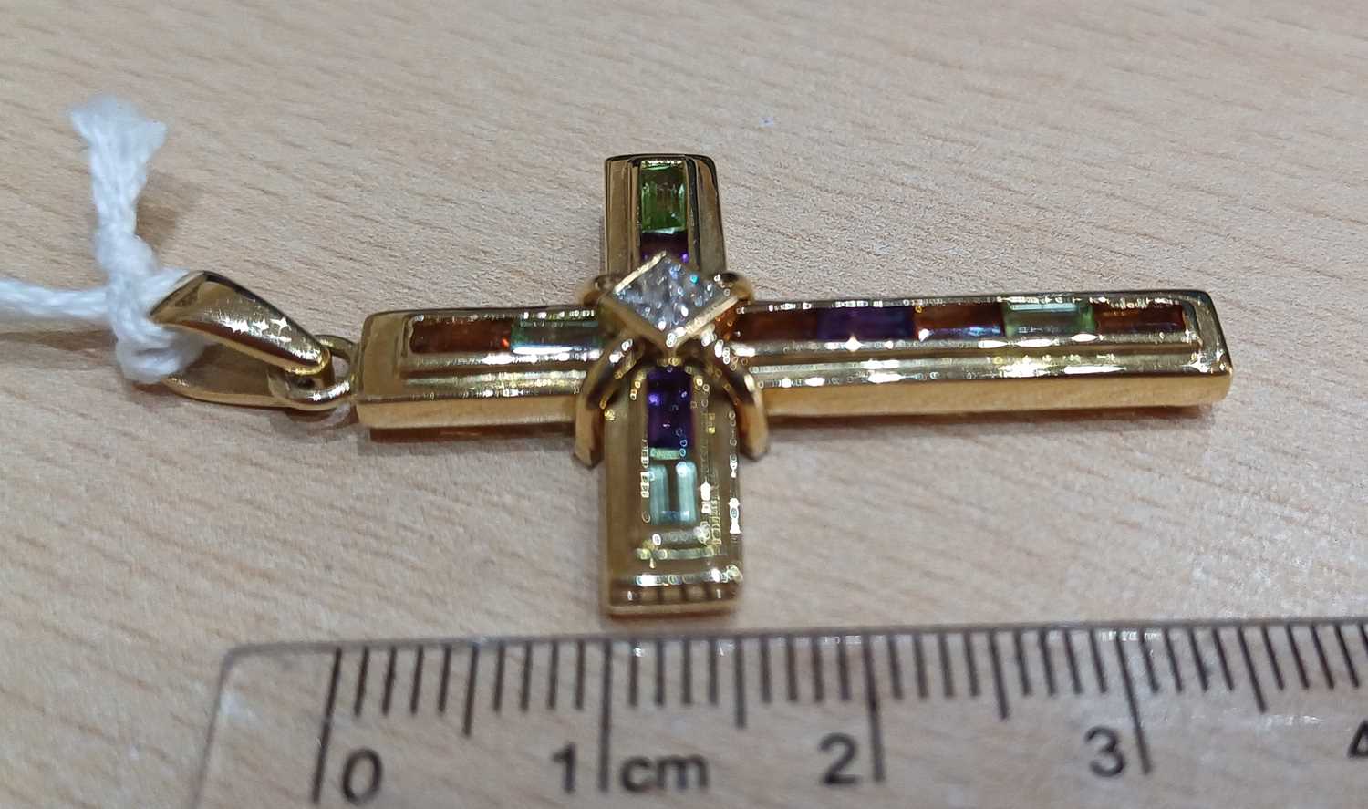 A Multi-Gem Set Cross Pendant, by Catherine Best the cross motif set throughout with baguette cut - Image 2 of 4