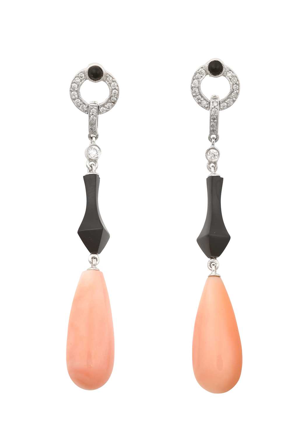 A Pair of Art Deco Style Coral, Onyx and Diamond Drop Earrings the disc set throughout with eight-