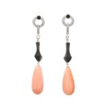 A Pair of Art Deco Style Coral, Onyx and Diamond Drop Earrings the disc set throughout with eight-