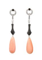 A Pair of Art Deco Style Coral, Onyx and Diamond Drop Earrings the disc set throughout with eight-