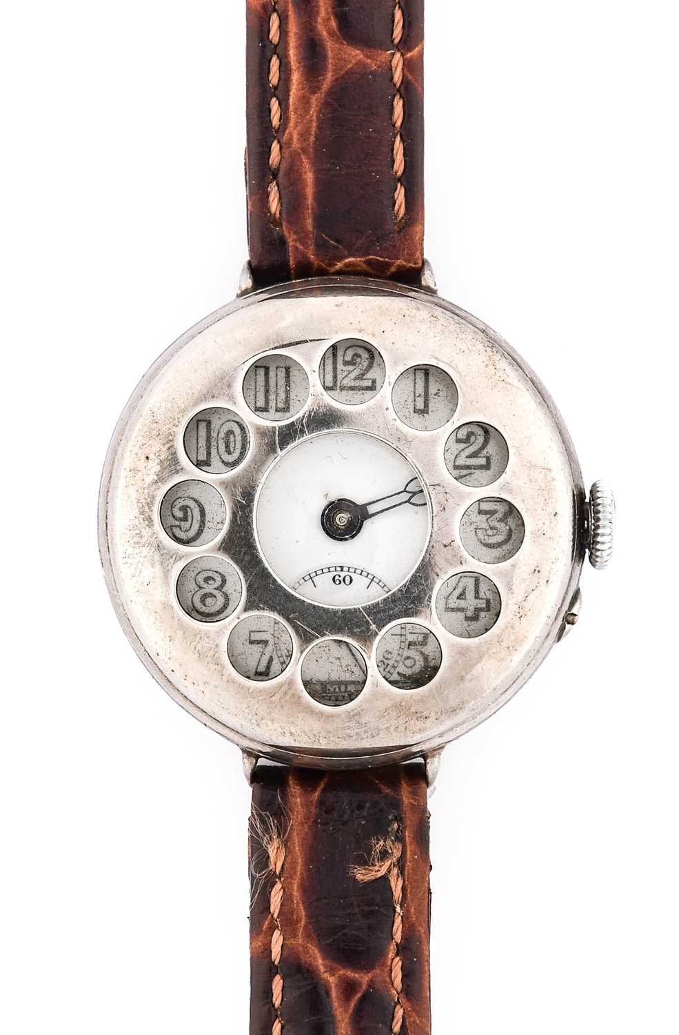 A Rare and Early Silver Integrated "Telephone" Shrapnel Guard Wristwatch, 1915, manual wound lever