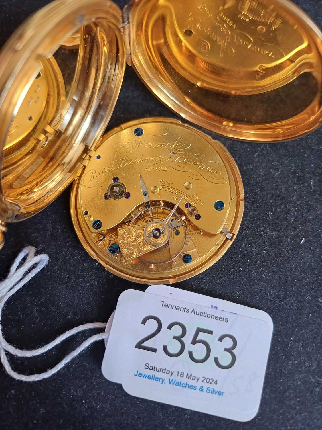 French: An 18 Carat Gold Duplex Full Hunter Pocket Watch, signed French, Royal Exchange, London, - Bild 2 aus 2