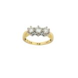 An 18 Carat Gold Diamond Three Stone Ring the round brilliant cut diamonds in white claw settings,